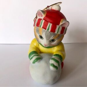 cute porcelain kitty cat with snowball Christmas ornament hat mitten vintage